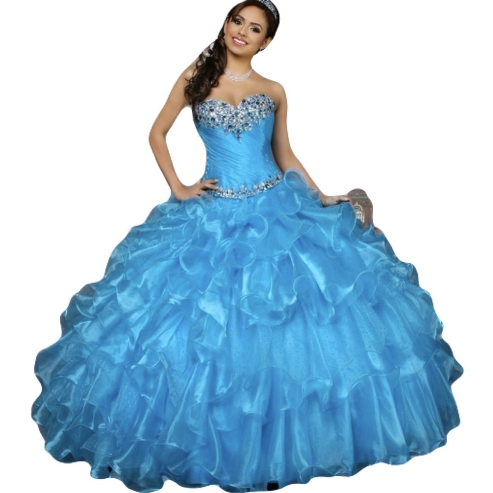 NWT Q by DaVinci Sky Blue Strapless Organza Quinceañera Prom Ballgown Size 8